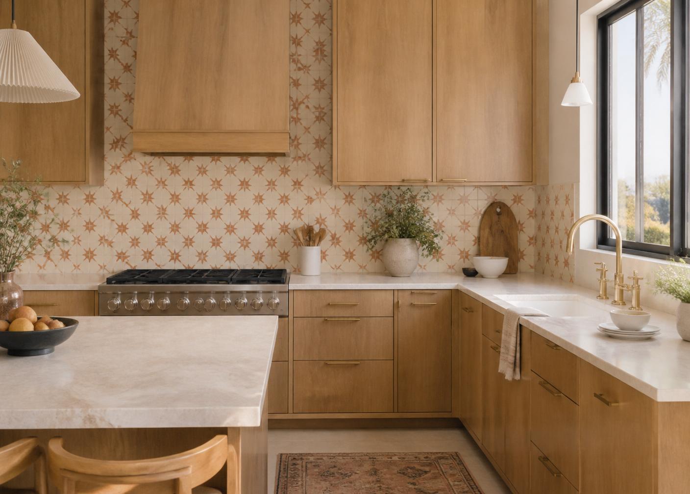 Cocina reformada con encimera de mármol y azulejo mediterráneo